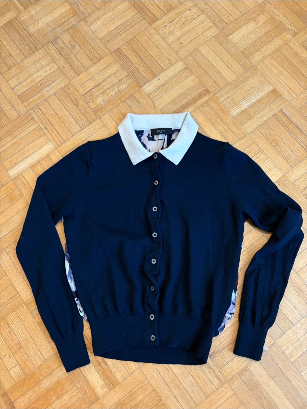 Paul Smith Navy Long-Sleeve Button-Up Sweater with White Collar